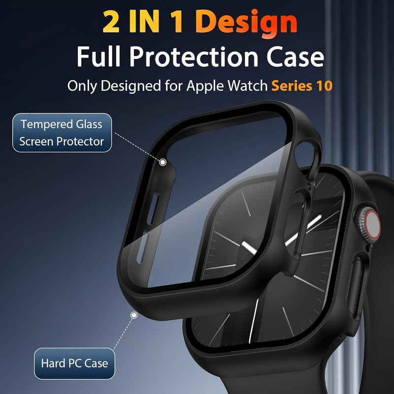 EWUONU 3 Pack Hard Case for Apple Watch Series 10 42mm Screen Protector, Tempered Glass Bumper Anti-Scratch HD Ultra-Thin Protective Face Cover for iWatch Series 10 42mm, Black - Image 2